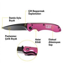 CAT DA980060 Kemer Askı Kancalı Katlanabilir 15CM Paslanmaz Çelik Pembe Kamp Çakısı