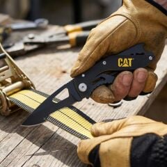 CAT DA980267 Kemer Askı Kancalı Şişe Açacaklı Katlanabilir 16CM Paslanmaz Çelik Siyah Kamp Çakısı