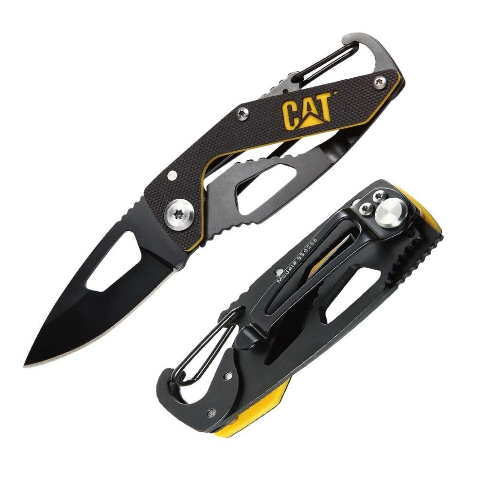 CAT DA980266 Kemer Askı Kancalı Karabinalı Katlanabilir 13CM Paslanmaz Çelik Siyah Kamp Çakısı
