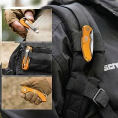 CAT DA980011 Kemer Askı Kancalı Cam Kırma Uçlu Katlanabilir 17CM Paslanmaz Çelik Sarı Kamp Çakısı