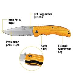 CAT DA980006 Kemer Askı Kancalı Katlanabilir 20CM Paslanmaz Çelik Sarı Kamp Çakısı