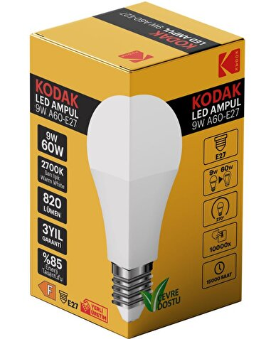 K9W-E27WW KODAK 9W A60 E27 LED AMPUL - SARI IŞIK